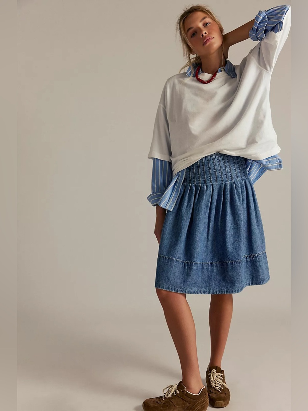 Free People Peyton Pintuck Denim A-Line Midi Skirt in Blue